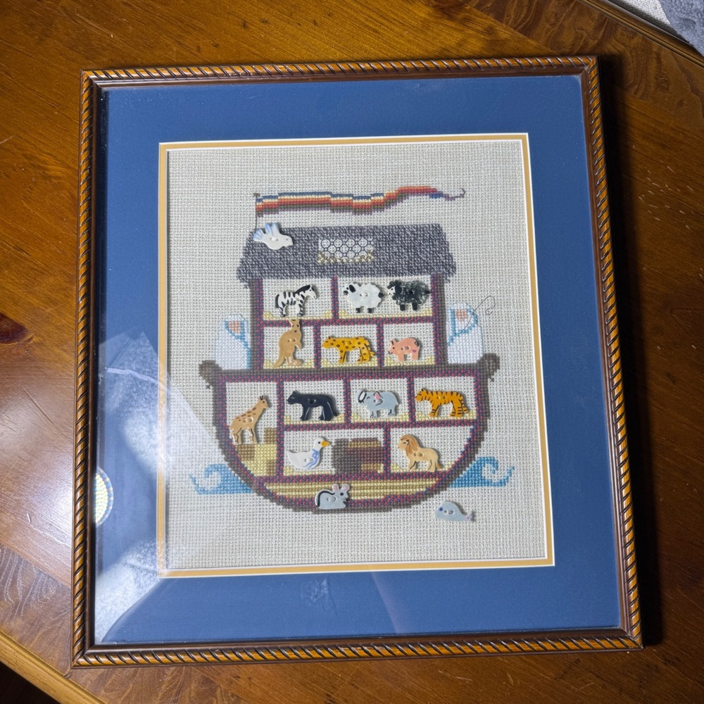 Vintage Noahs Ark Cross Stitch Framed Wall Art Animal Buttons Nursery Decor